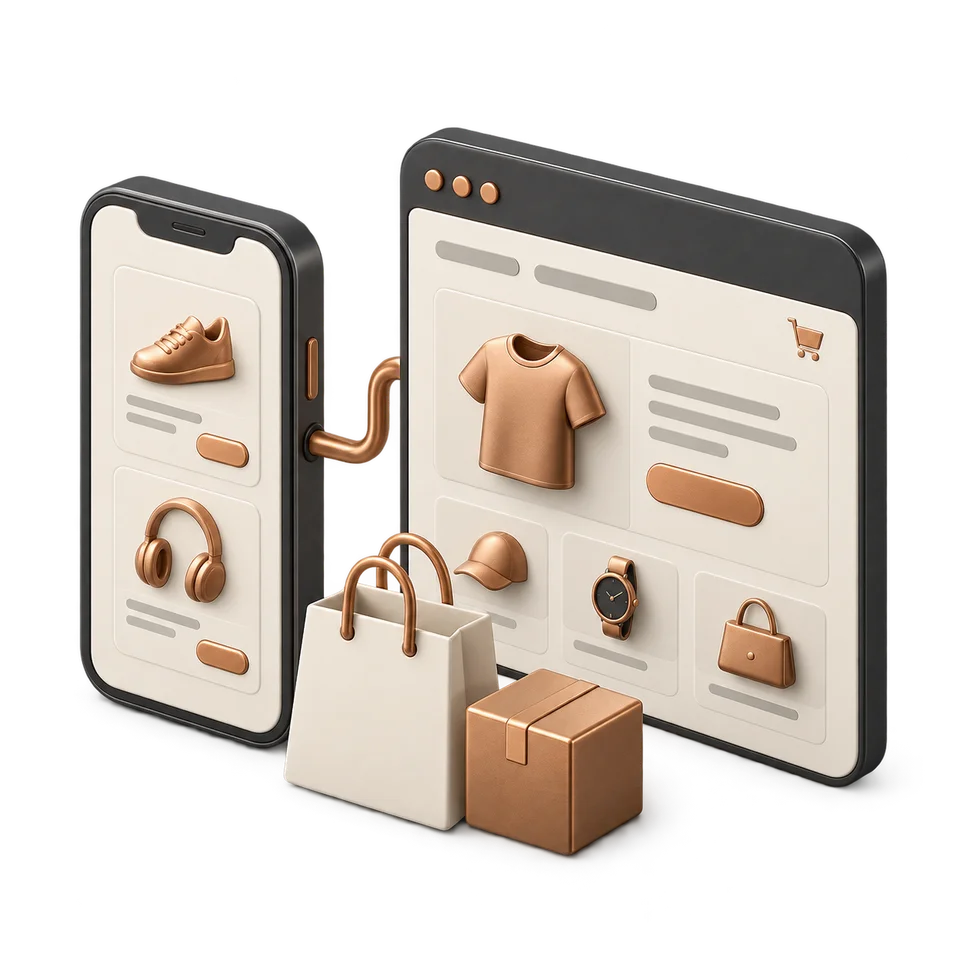 手機、網頁與購物模組，呈現 App、Web 與電商產品開發。